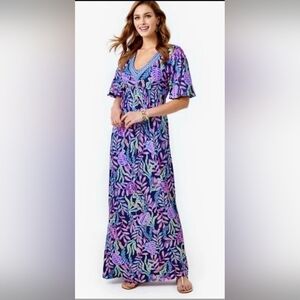 Lilly Pulitzer Manuela Maxi Dress Oyster Bay Navy Pink Spotted V-Neck